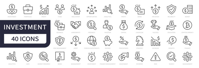 Investment line icon set. Investment, Profit, Asset, Investor, Portfolio, Dividend, Capital, Risk, Inflation icons vector