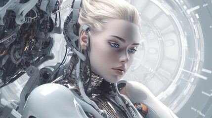 A beautiful iridescent woman cyborg with intricate wiring and circuitry on her skin. Cyberpunk, android robot bionic. Female artificial intelligence. Science fiction chrome robot girl. Generative AI