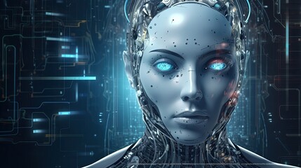 A beautiful iridescent woman cyborg with intricate wiring and circuitry on her skin. Cyberpunk, android robot bionic. Female artificial intelligence. Science fiction chrome robot girl. Generative AI