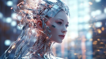 A beautiful iridescent woman cyborg with intricate wiring and circuitry on her skin. Cyberpunk, android robot bionic. Female artificial intelligence. Science fiction chrome robot girl. Generative AI