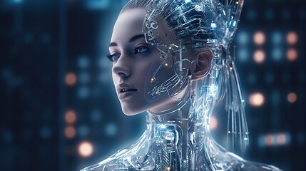 A beautiful iridescent woman cyborg with intricate wiring and circuitry on her skin. Cyberpunk, android robot bionic. Female artificial intelligence. Science fiction chrome robot girl. Generative AI