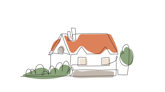 House in continuous line art drawing style with organic color shapes