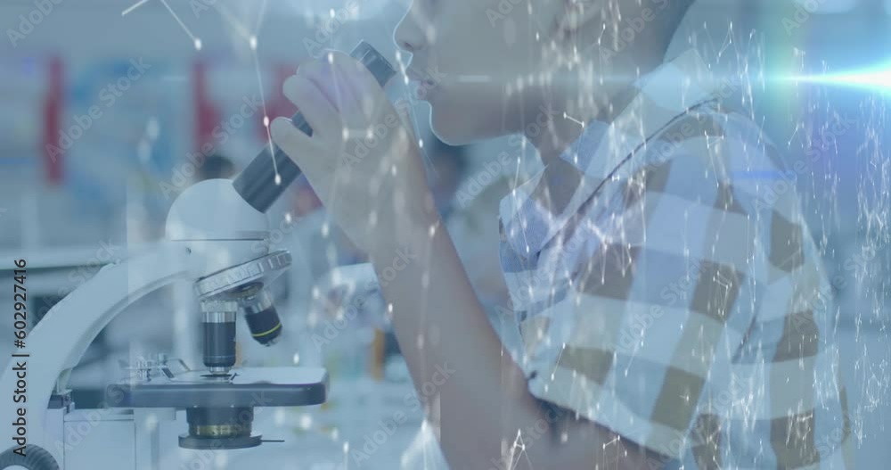 Poster Animation of networks over biracial schoolboy using microscope in science class