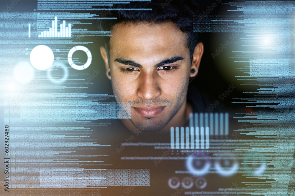 Aufkleber data analytics, screen hologram and man in stock market research, graphs or charts analysis for nigh