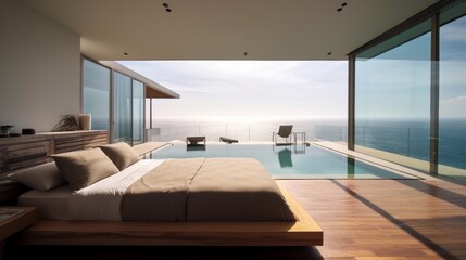 bedroom with swiming pool resort home interior background concept daylight natural style,image ai generate