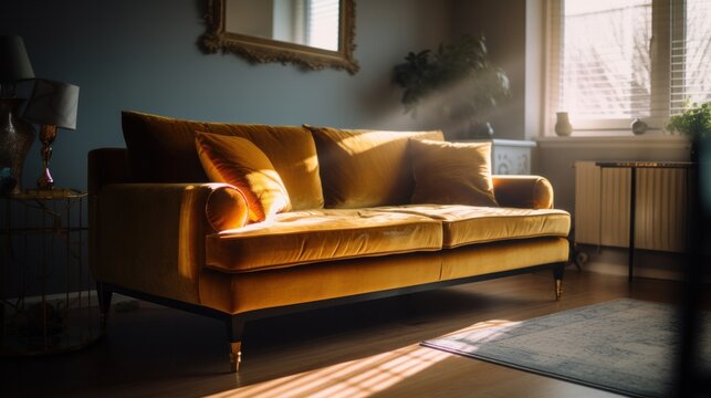 orange color beautiful sofa living room in golden hour sunset moment home interior,image ai generate