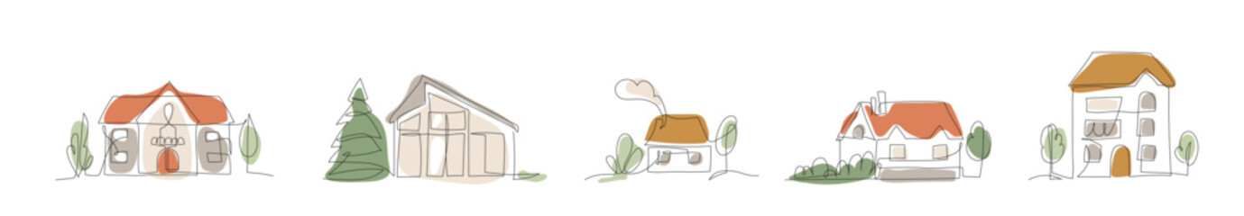 House in continuous line art drawing style with organic color shapes © zaie