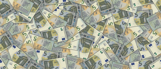 Financial European illustration. Seamless pattern. Randomly scattered paper banknotes of 5 euros. Wallpaper or background.