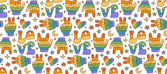 Hippie hand peace and rock gestures and with rainbow heart with word love in colors of lgbt flag. Seamless pattern, background or print, 70s retro vector in contour flat style