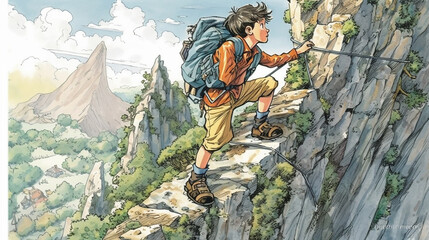 Fototapeta premium 険しい山を登山する人 person climbing a steep mountain(generative ai)