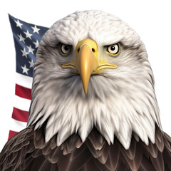 Obraz premium illustration of a majestic eagle head in front of the American flag on transparent background, patriotic concept