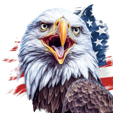 illustration of a majestic eagle head in front of the American flag on transparent background, patriotic concept