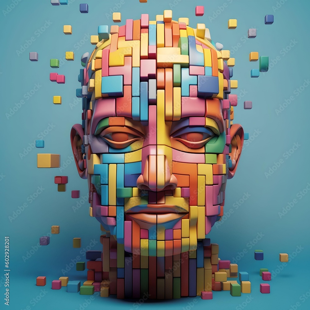 Poster puzzle concept with a person's head. style of bright color blocks. generative ai.
