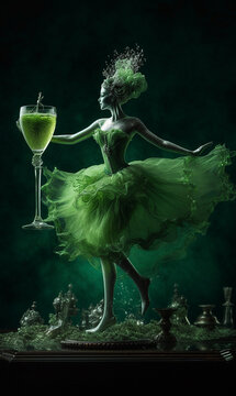 Smiling and beautiful green fairy absinthe dissolved in green fumes AI Generated Image