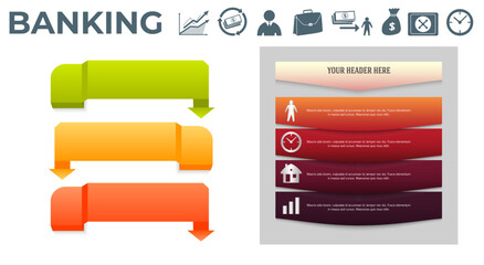 Modern Design style infographic template. Illustration of different kinds of banking. Can be used for infographics and typography, chart process the bank, business service steps options