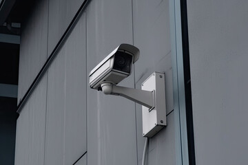 Security camera on modern building. CCTV on the wall in the city. Generative AI
