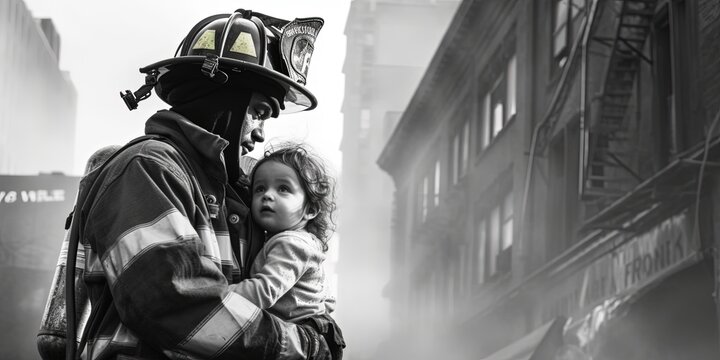 Firefighter saving a child. Firefighter man holding a small child in her arms. A firefighter rescuing a child from a burning building, illustration in black and white. Generative AI
