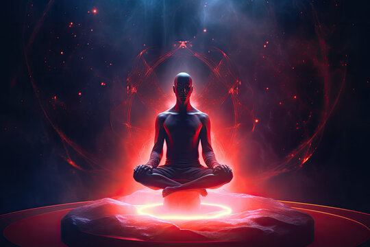 Meditating man. Concept of spiritual practice, chakras and astral body activation. Generative AI