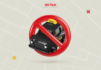 Prohibited a taxi. Refused a taxi service vector illustration. The lack of cabs. Deficit taxi drivers and cabbies. Black cab with red forbidden sign on abstract city map background. - obrazy, fototapety, plakaty