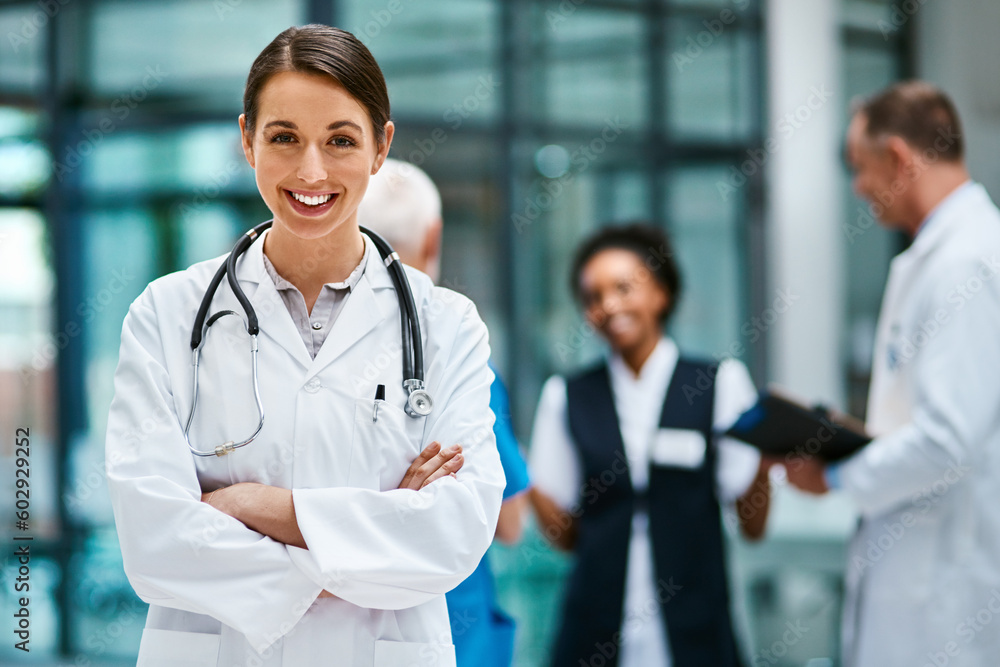 Poster Healthcare, happiness and portrait of woman doctor with confident smile in hospital for leadership in medicine. Health care career, wellness and medical professional with mockup in lobby of clinic.