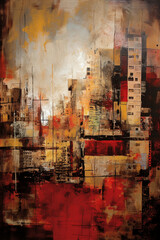 Urban Tapestry: A Vibrant Patchwork of Modern Grunge in Red and Sepia AI generated