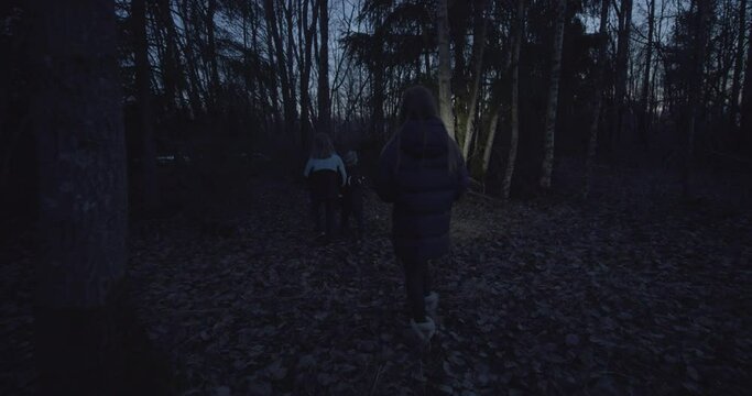 Children lost in the woods at night, walking with flashlights.
