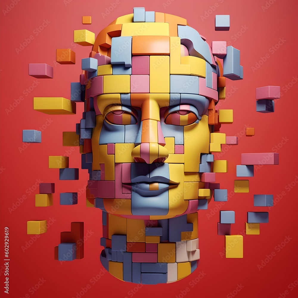 Poster puzzle concept with a person's head. style of bright color blocks. generative ai.