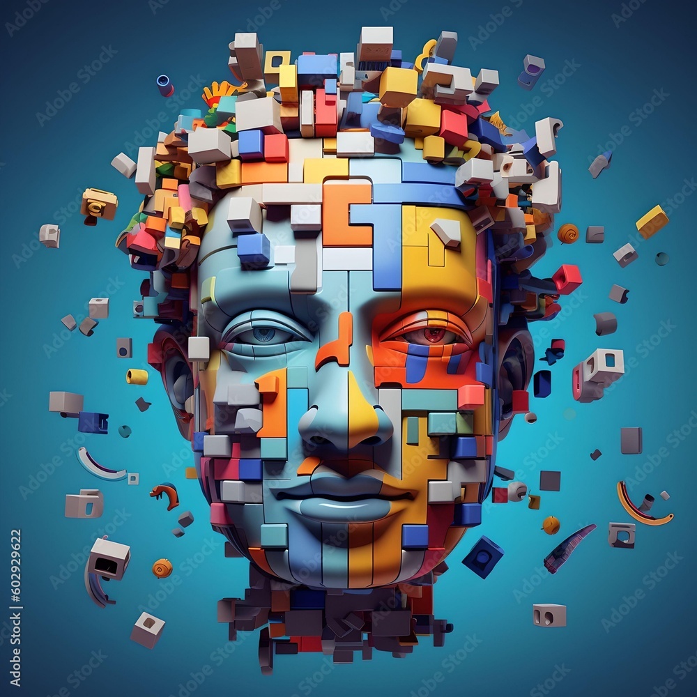 Poster puzzle concept with a person's head. style of bright color blocks. generative ai.
