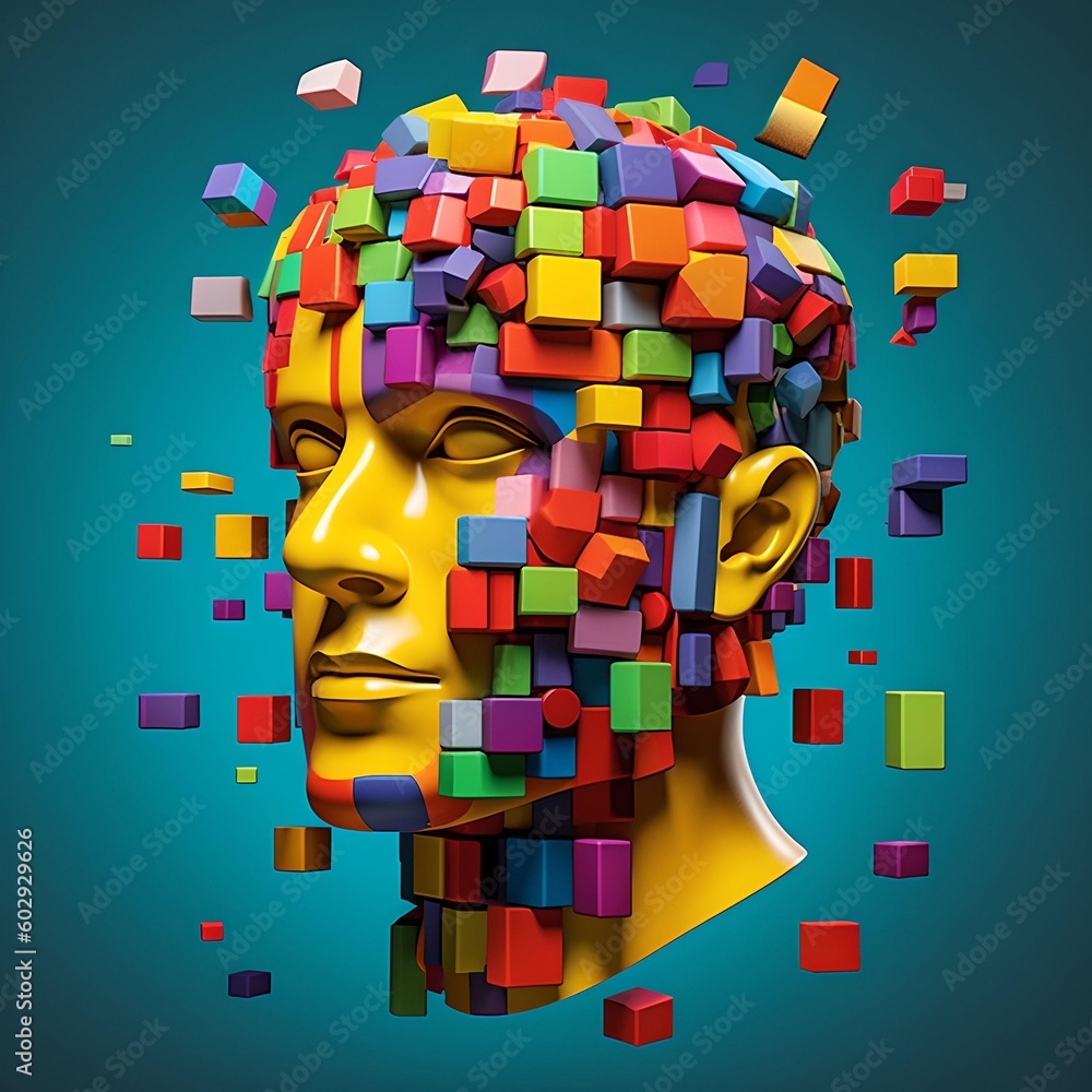 Poster puzzle concept with a person's head. style of bright color blocks. generative ai.