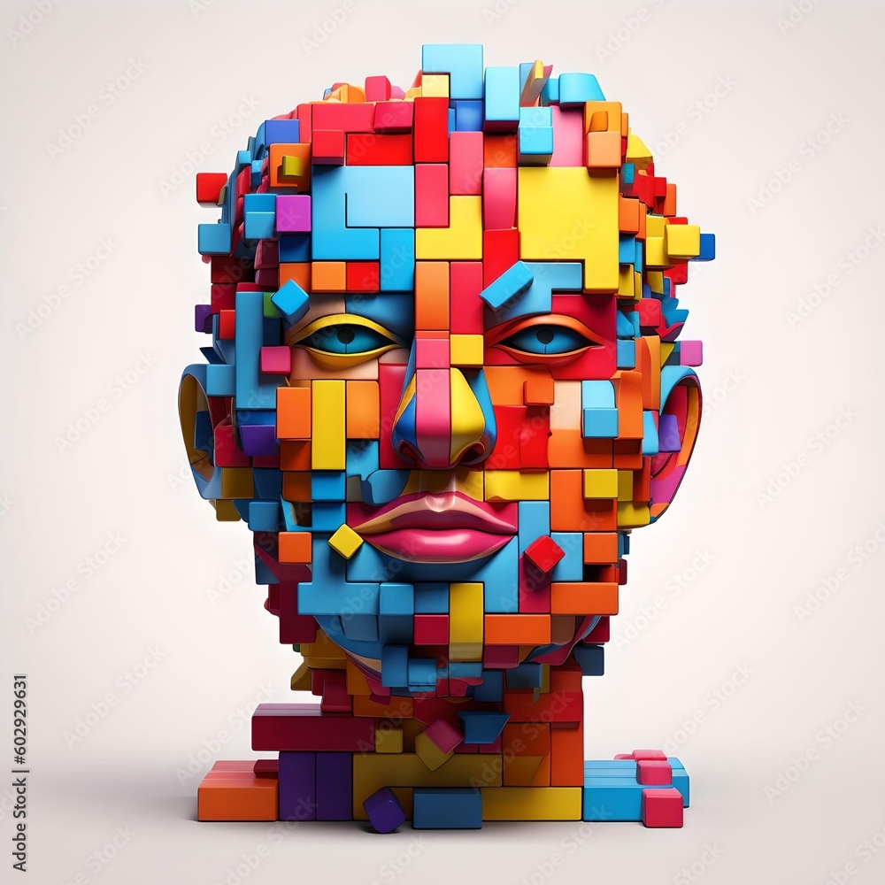 Poster puzzle concept with a person's head. style of bright color blocks. generative ai.