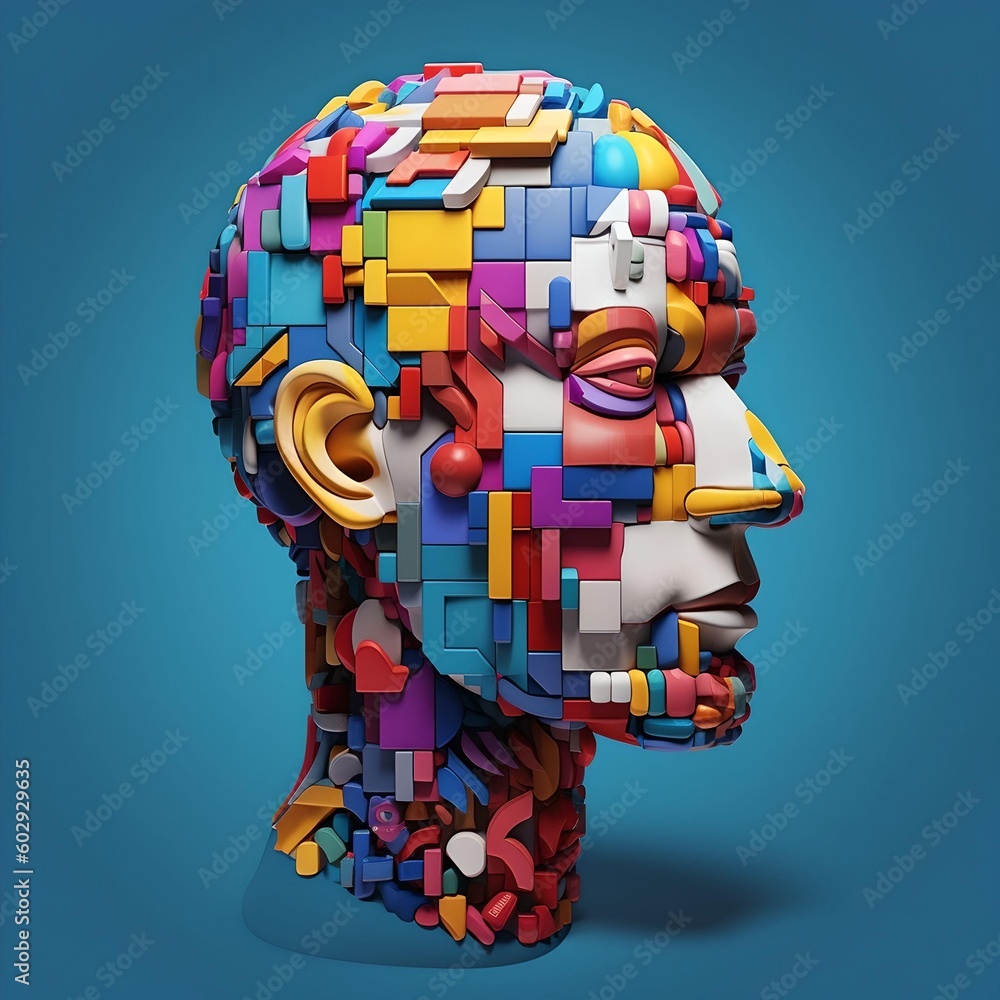 Poster puzzle concept with a person's head. style of bright color blocks. generative ai.