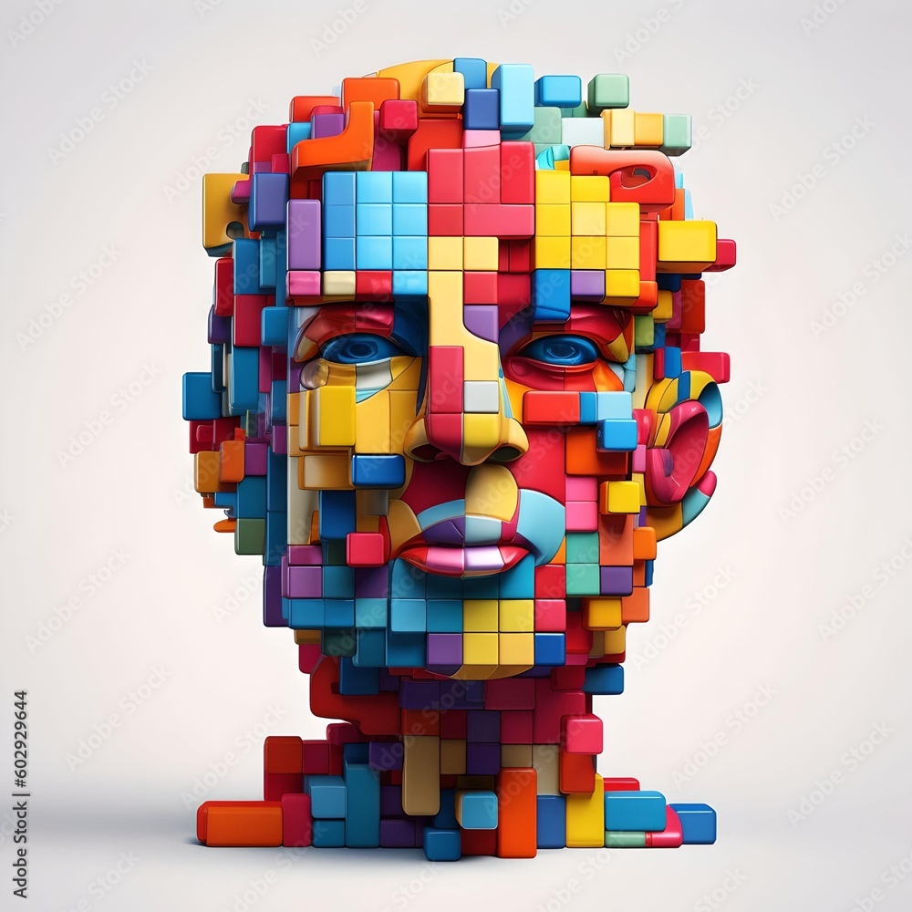 Poster puzzle concept with a person's head. style of bright color blocks. generative ai.