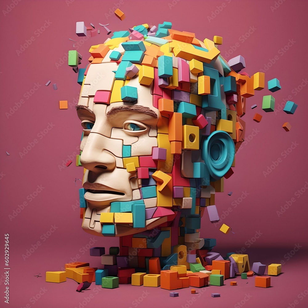 Poster puzzle concept with a person's head. style of bright color blocks. generative ai.