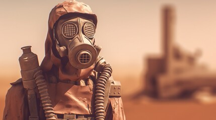 Soldier wearing gas mask in post-apocalyptic city ruins and battlefield. War concept. Social Issues. Generative AI