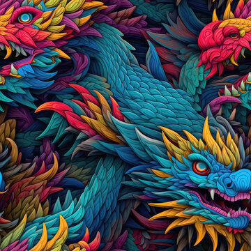 Fantasy paper dragons seamless repeat pattern - fantasy colorful, abstract art [Generative AI]
