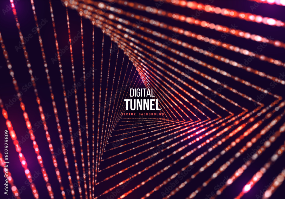 Poster triangle portal with light effects. neon particles tunnel. abstract technology background. vector il