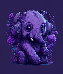Elephant headphone cute illustration purple