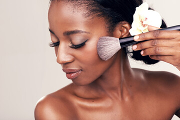 Brush, elegant makeup and face of black woman with mockup in studio with cosmetic application tool....