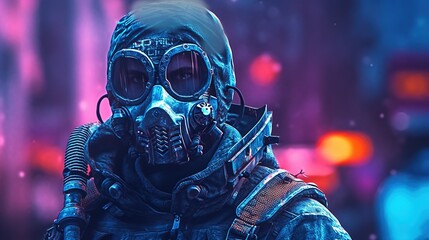 Closeup of a soldier wearing camouflage fatigues and a gas mask. A stalker face in gas mask with filter and red and blue highlights on background. Generative AI - obrazy, fototapety, plakaty