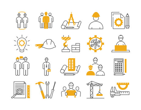 Color engineer icons set. Worker in protective helmet, drawing with tools, compasses and pencil. Building and crane with bricks, coghweel. Flat vector illustrations isolated on white background
