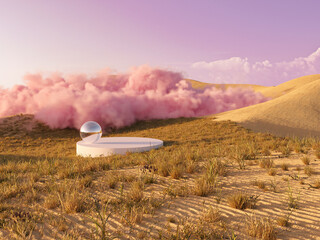 Surreal desert landscape with pink cloud