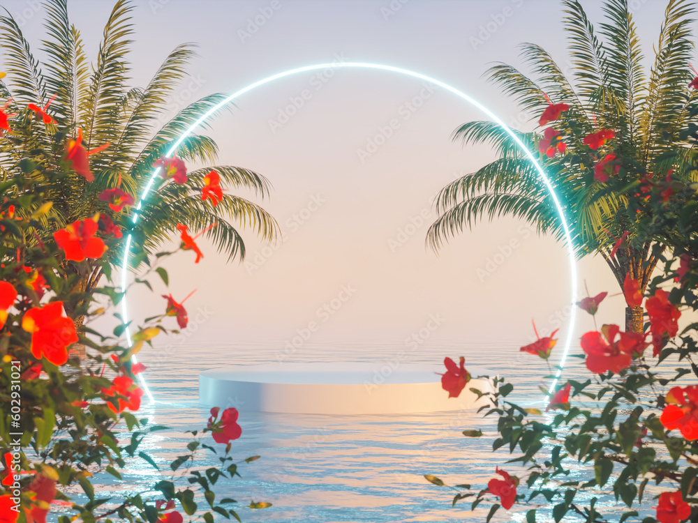 Poster tropical summer scene with a podium for product display. 3d rendering.