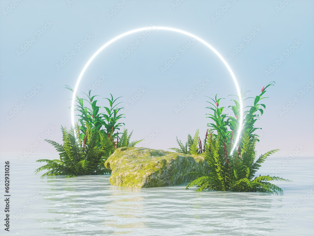 Poster tropical summer scene with a podium for product display. 3d rendering.