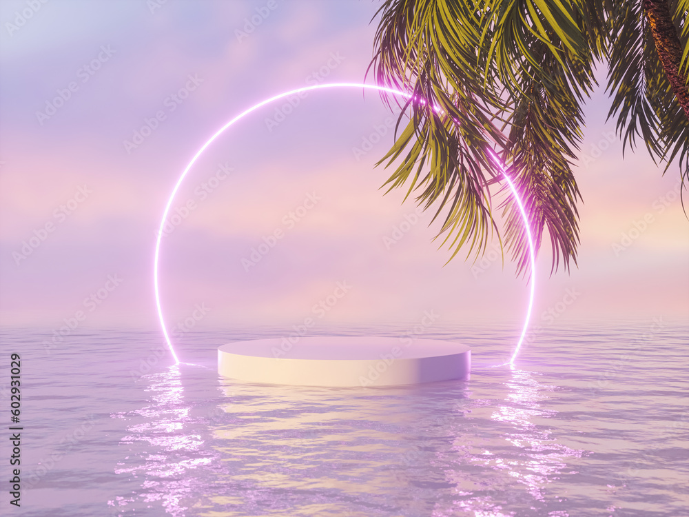 Poster tropical summer scene with a podium for product display. 3d rendering.