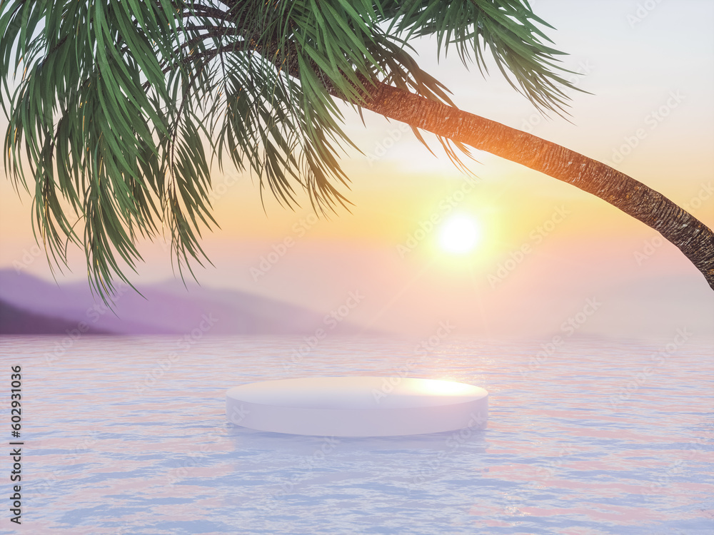 Poster tropical summer scene with a podium for product display. 3d rendering.