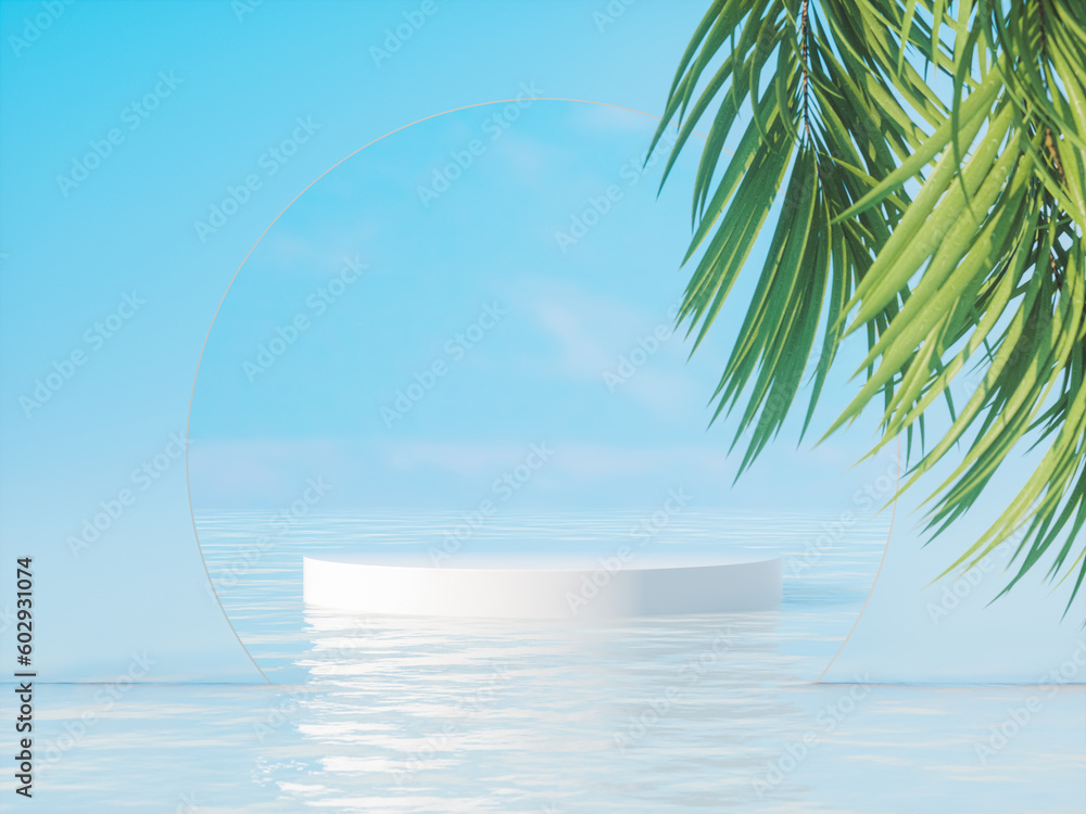 Poster tropical summer scene with a podium for product display. 3d rendering.