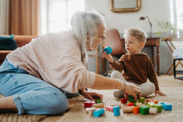 Grandmother playing with her little grandson,building a block set.