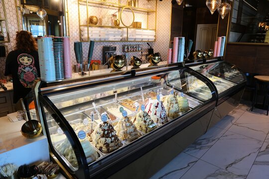 TEL AVIV, ISRAEL - NOVEMBER 2, 2022: Golda ice cream parlor in Tel Aviv, Israel. Golda ice cream are considered one of best in the world.