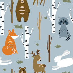 Cute seamless pattern with forest animals and trees. Vector background for fabric, wrapping paper, etc.