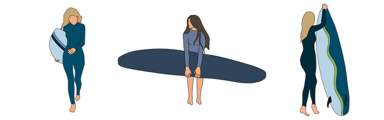 Obraz na płótnie Canvas Surf woman decorative elements set woman riding on surfboard over waves isolated silhouette blue illustration on white background.